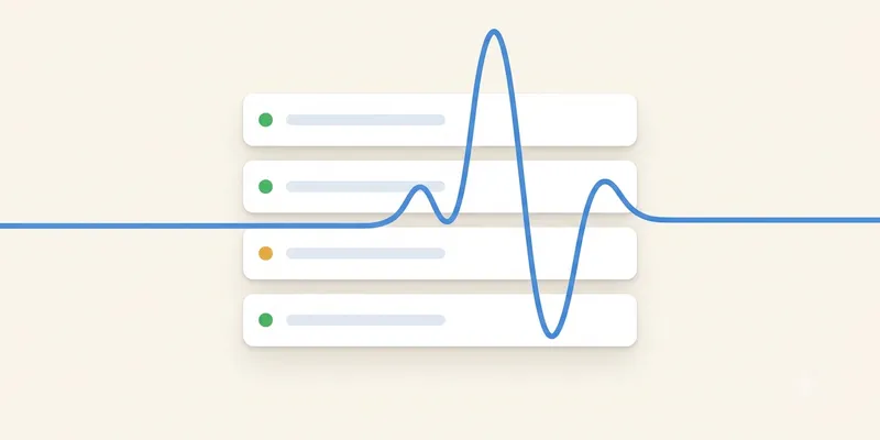 An uptime monitoring dashboard showing green status rows and a pulse line