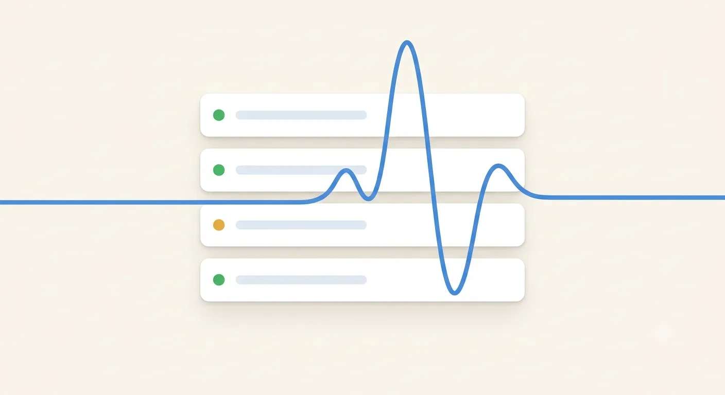 An uptime monitoring dashboard showing green status rows and a pulse line