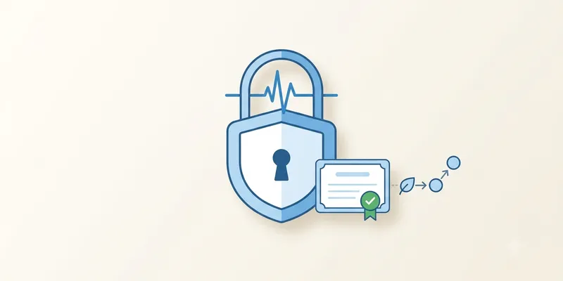 A padlock with a green verified checkmark and a certificate, over an uptime pulse line